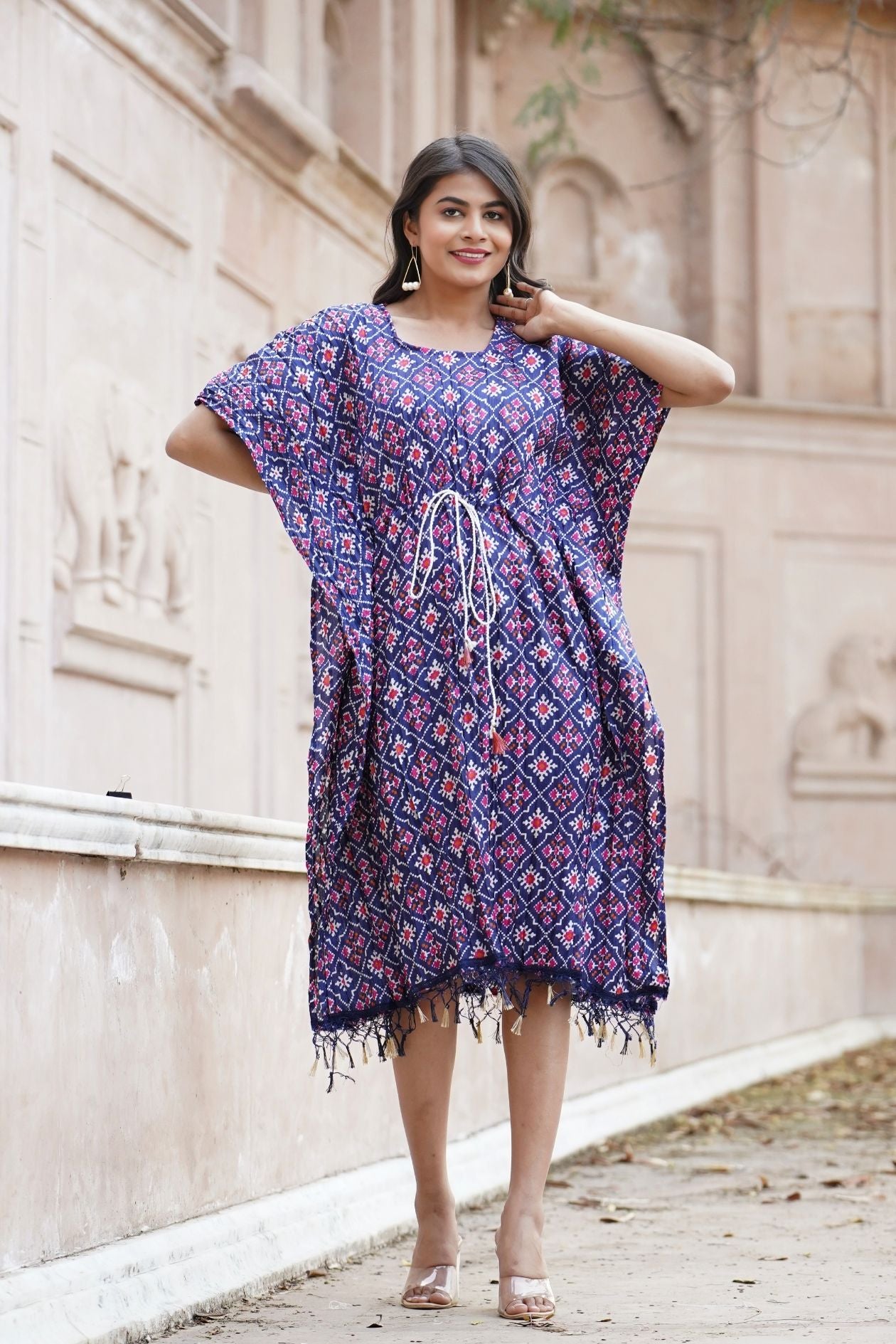 Buy Kalamkari Chinon Silk Kaftan Midi Dress for Women Online at Silvermerc | SKK3MC_136 Silvermerc Designs Buy Kalamkari Chinon Silk Kaftan Midi Dress for Women Online at Silvermerc | SKK3MC_136 Silvermerc Designs