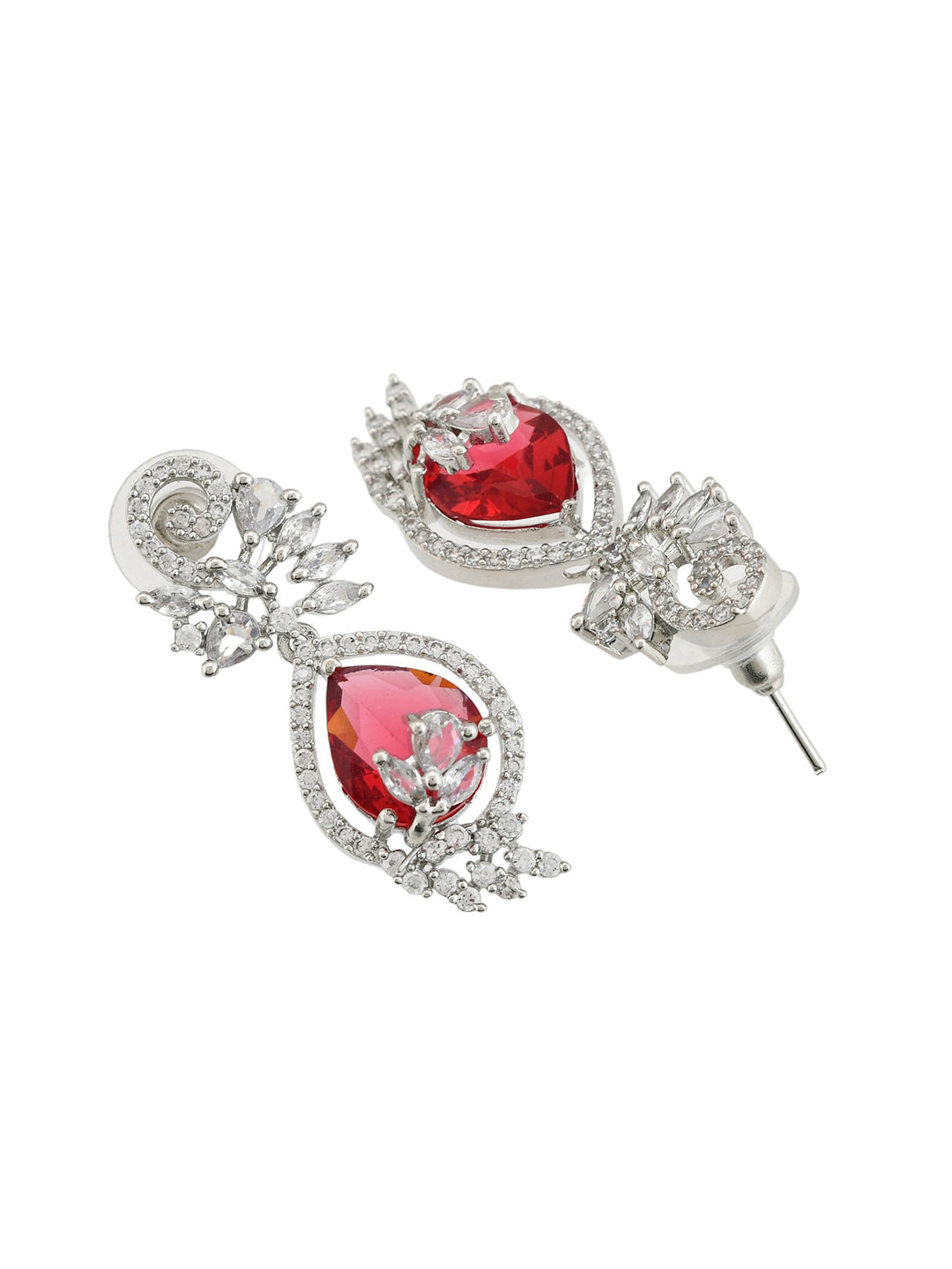 Trending Silver-Plated Red American Dimond Studded Drop Earrings