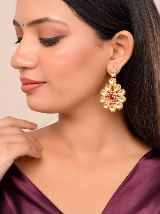 Elegant Gold-Plated Floral Earrings with Embedded Gemstones