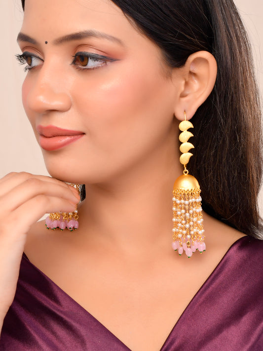 Gold-plates Jhumka Earrings With Long Pearls Chain