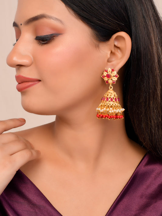 Gold-plated and Ruby Traditional Jhumka Earrings
