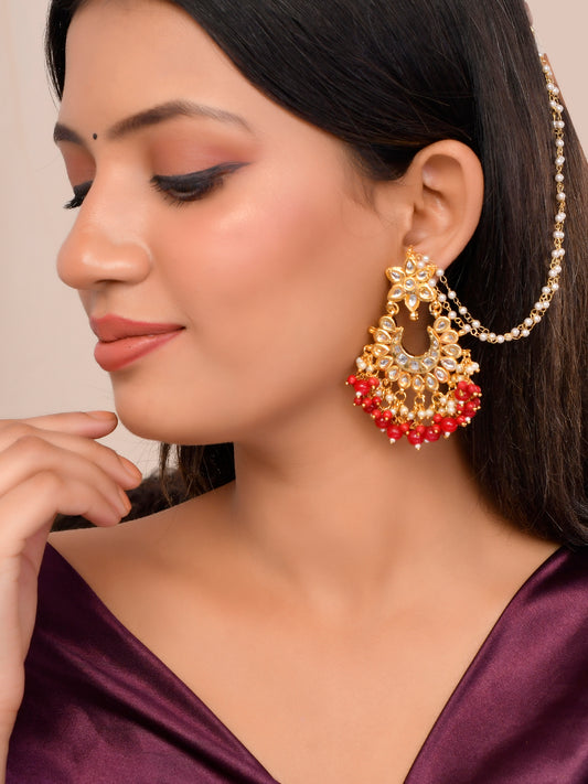 Gold-plated Red Gemstone Long Drop Earrings