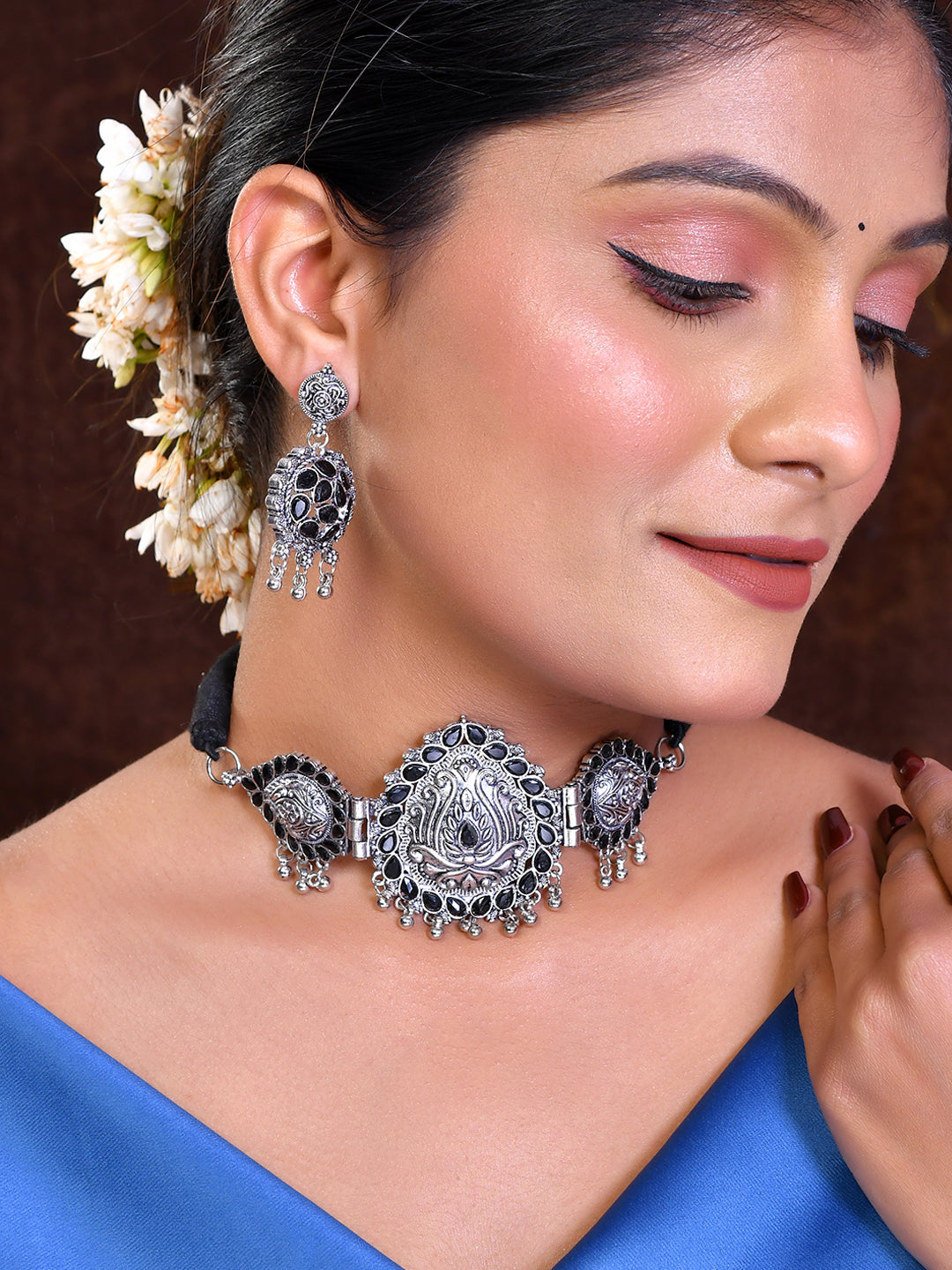 Silver plated & Black cz stone jewelry set with earring