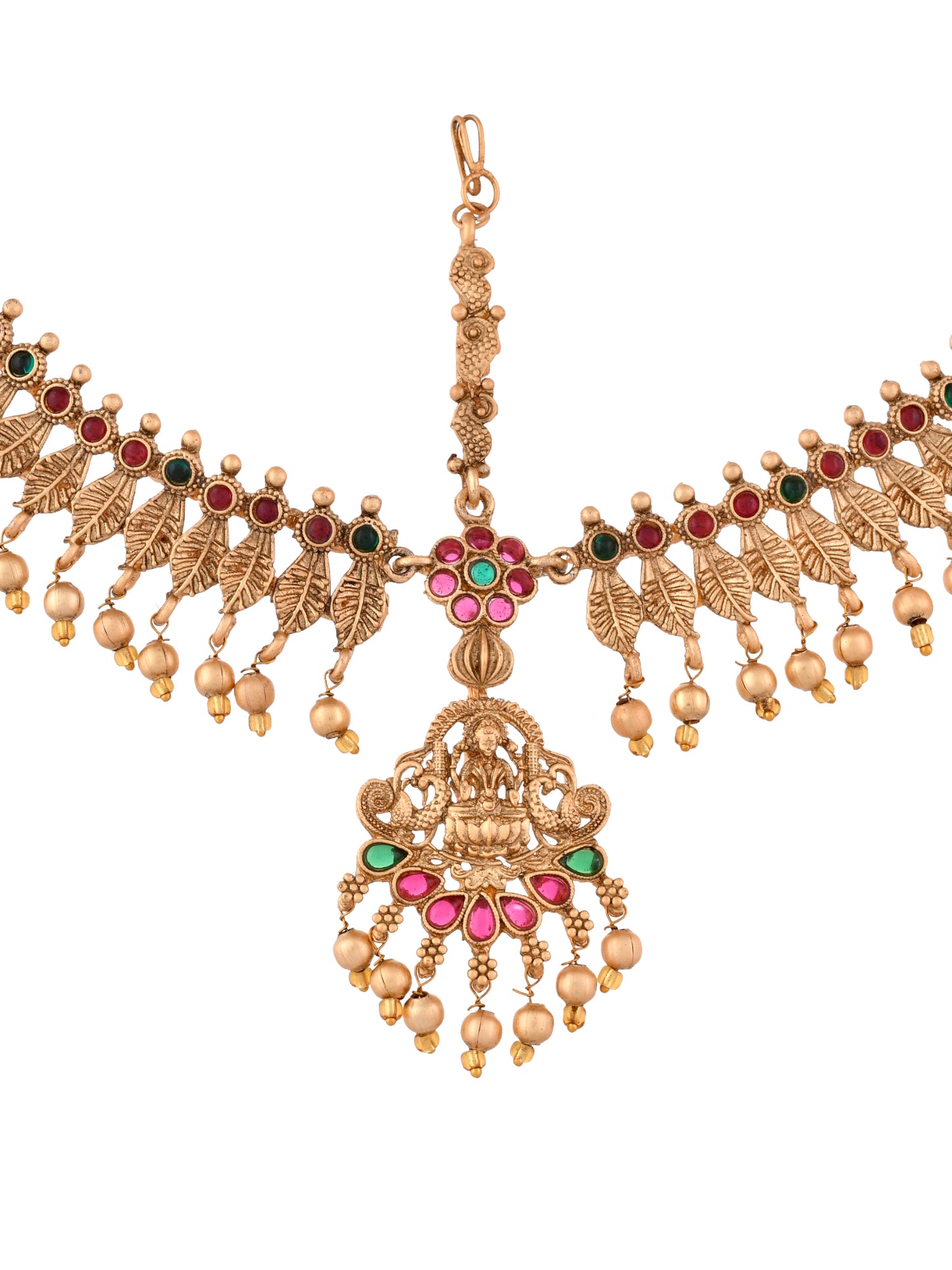 Gold Plated Pearl Red And Green Stone Stubbed South Indian Temple head jewellery
