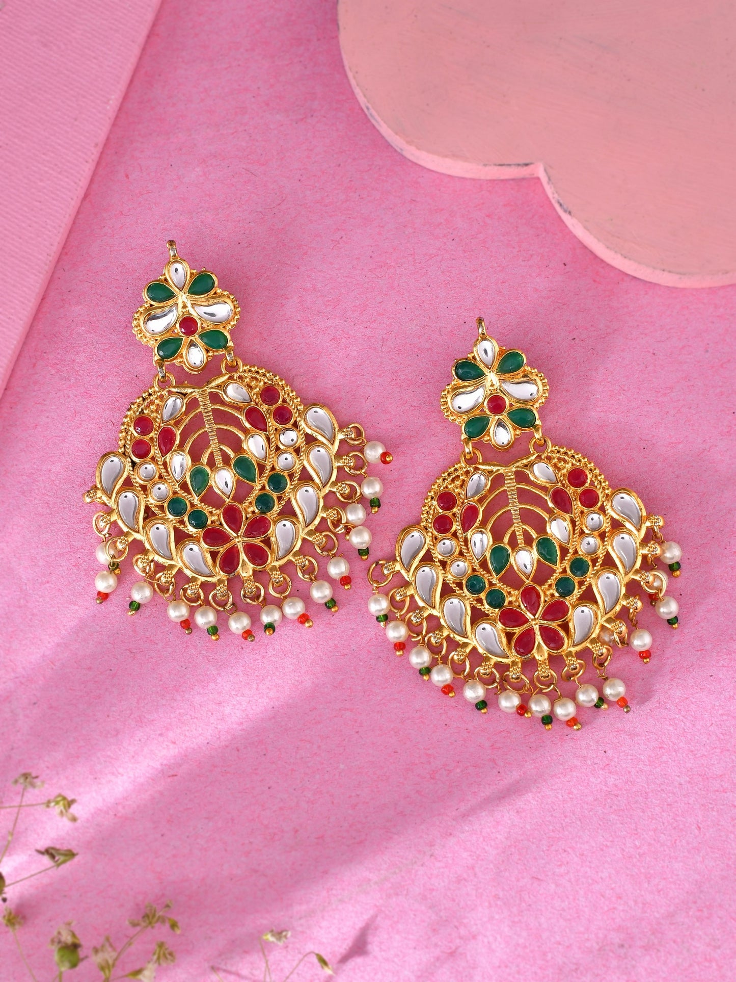 Gold Plated Pearl Feroza Jadau Chandbali Earrings.