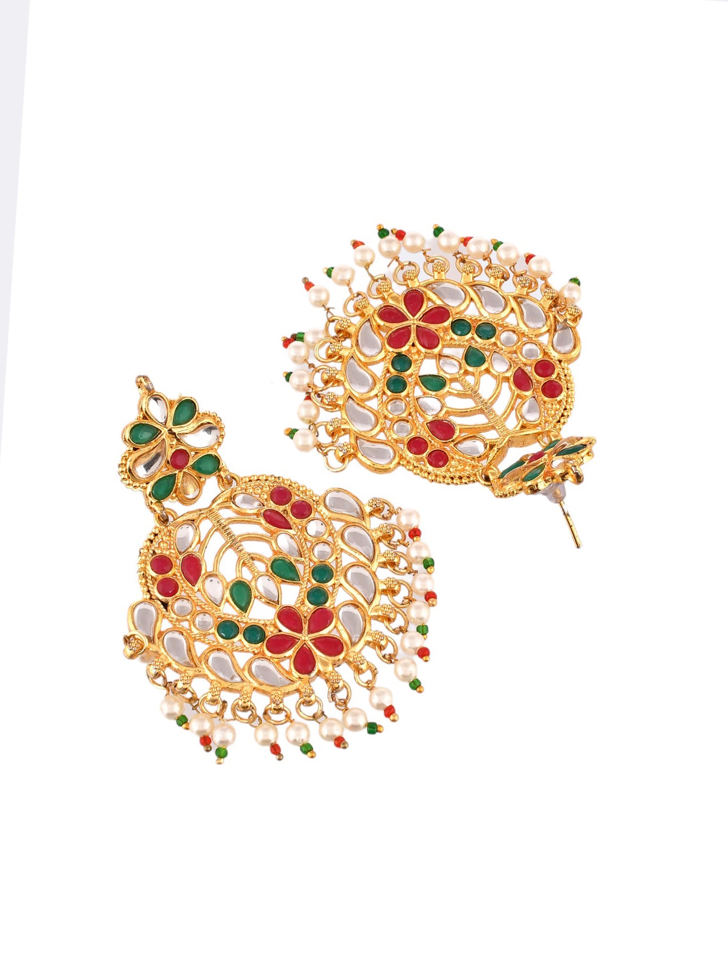 Gold Plated Pearl Feroza Jadau Chandbali Earrings.