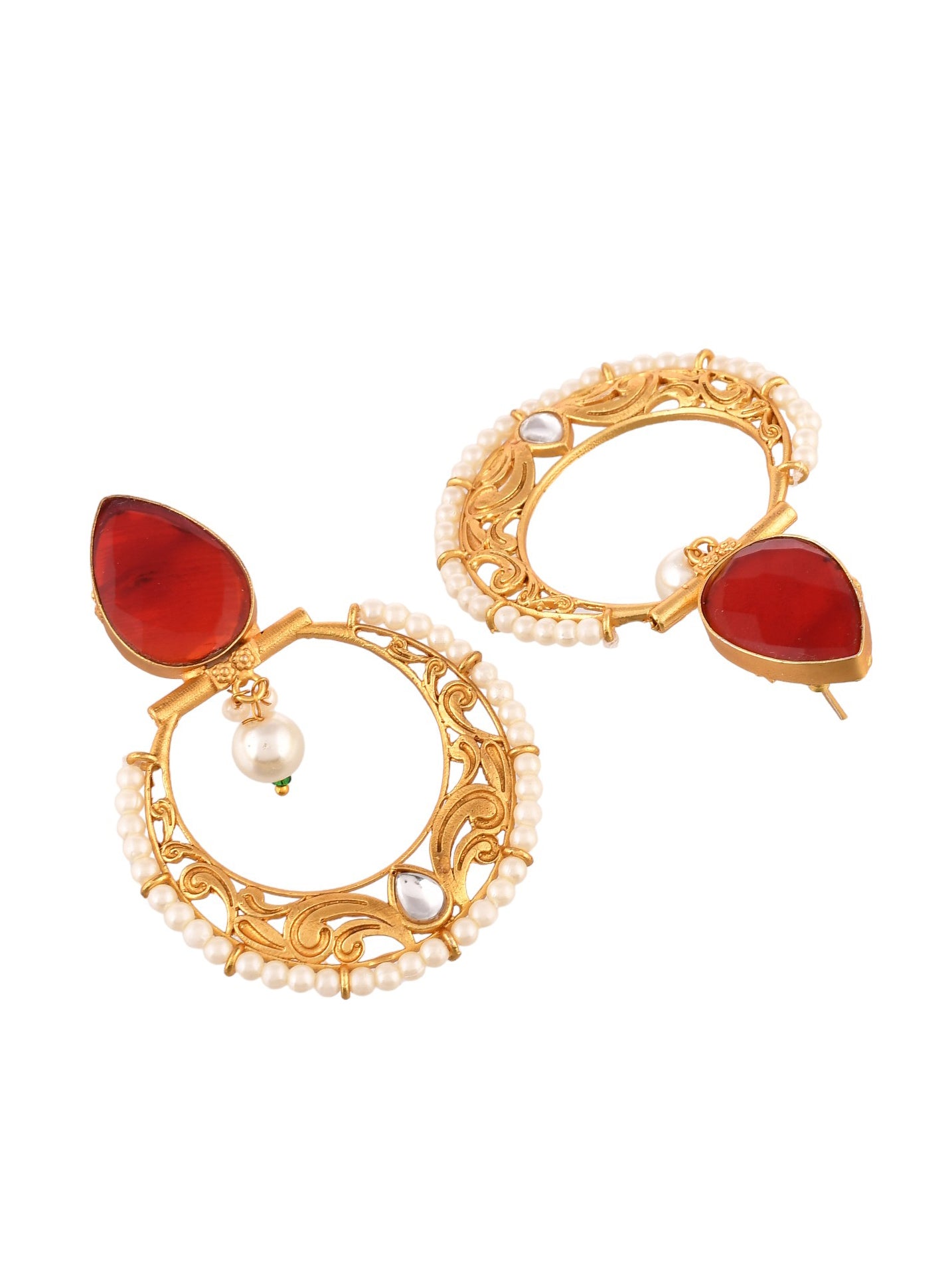 Gold Plated Red Stone Studded Pearl Chandbali Earrings&nbsp;