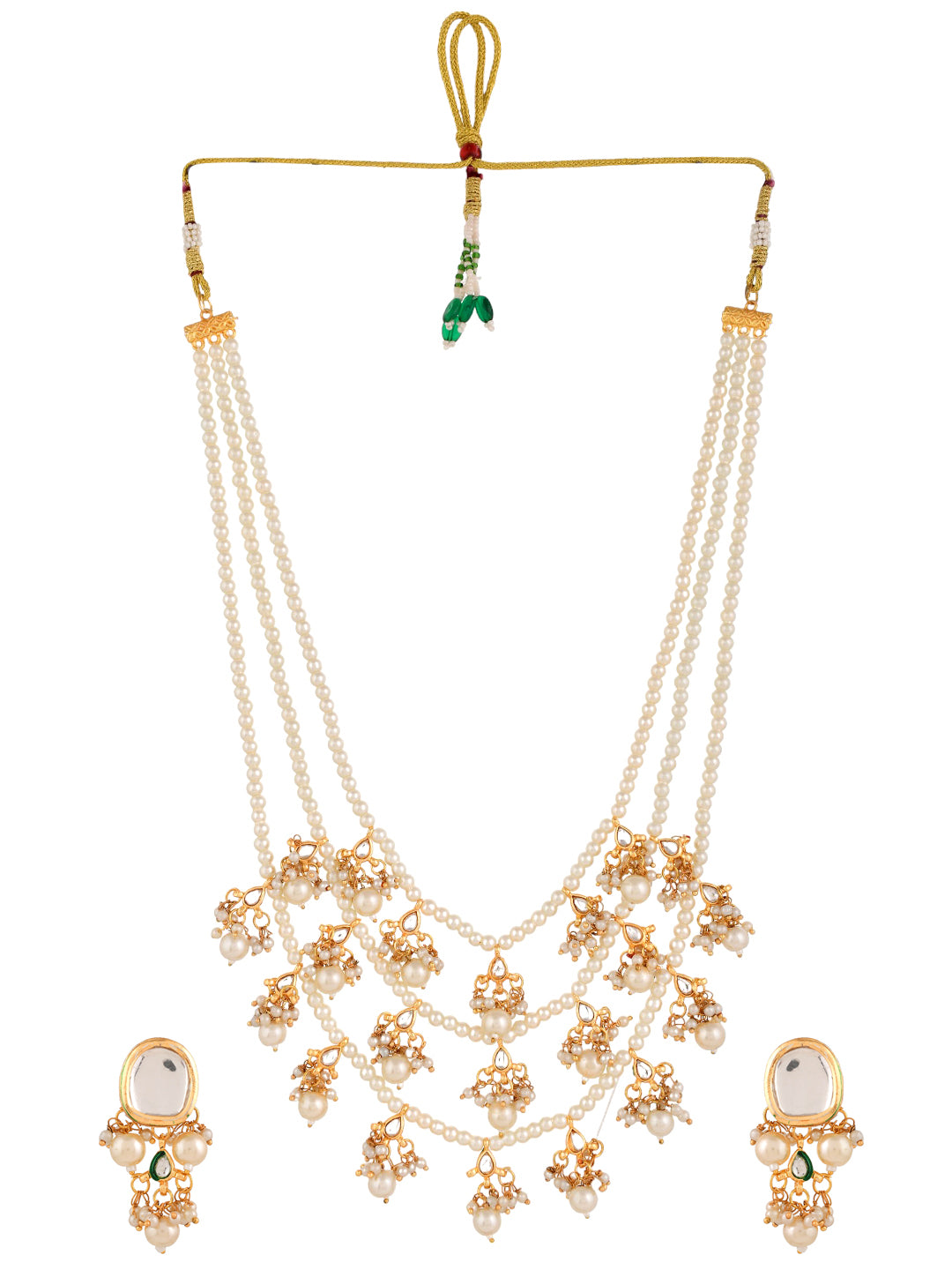  Ethnic Kundan & Pearls Multi Layers Bridal Necklace Set For Women