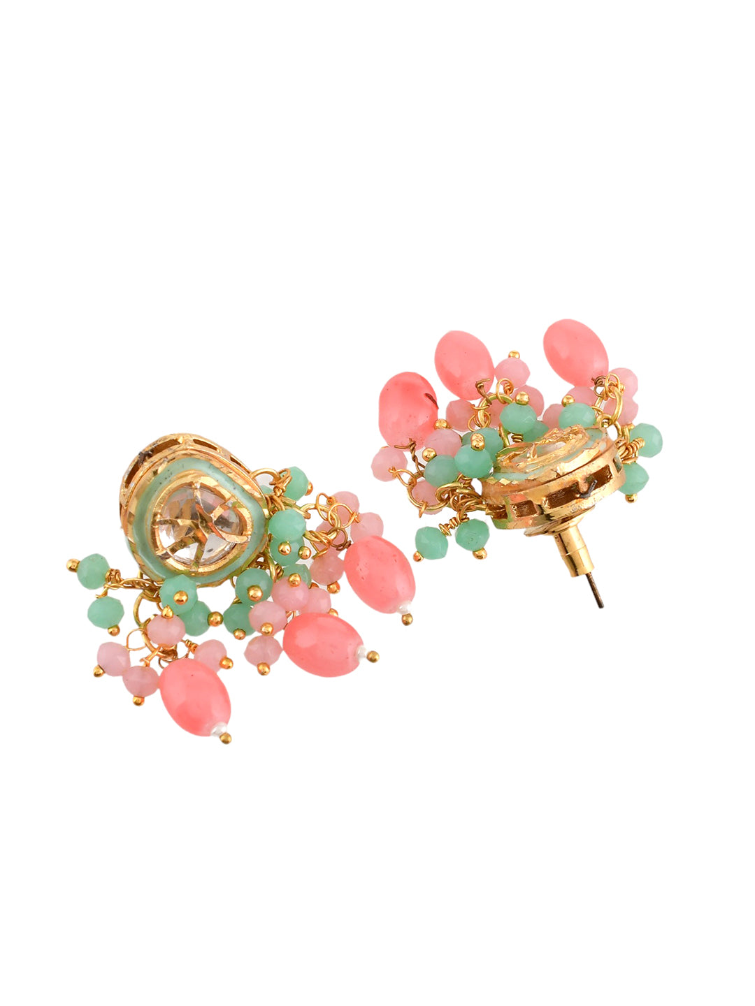 Gold Plated Pearl and Light Pink Beads Studded Kundan Necklace Set for Women