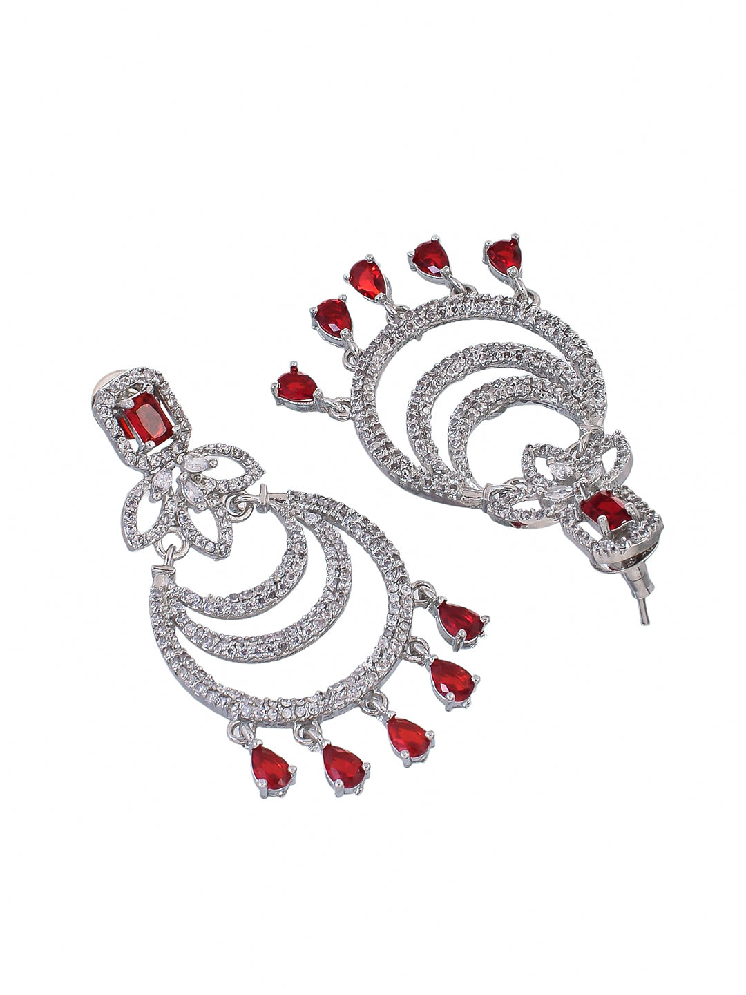 Silver Plated American Diamond Red Stone Stubbed long Chandbali Earring
