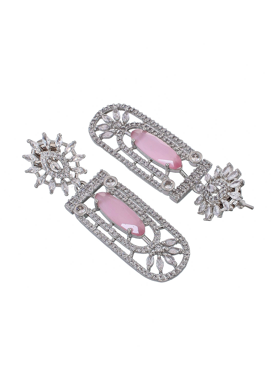 Silver Plated American Diamond Long Pink Stone Stub earrings for women
