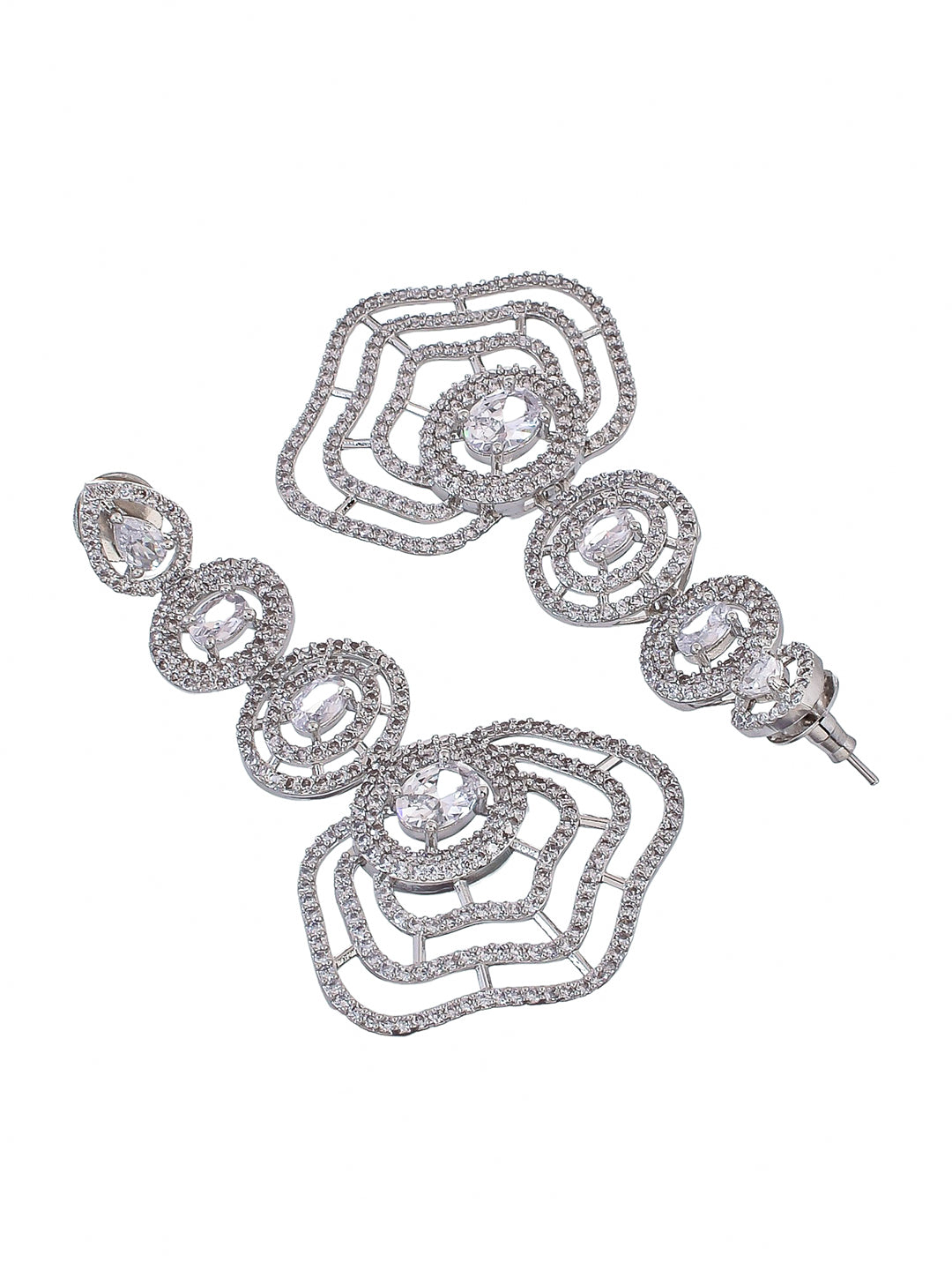 These American Diamond Cut work dangler earrings add a touch of elegance to any outfit. With intricate cut work and a sparkling finish, these earrings are perfect for any occasion. Crafted with precision and artistry, these earrings are a must-have for any jewelry collection