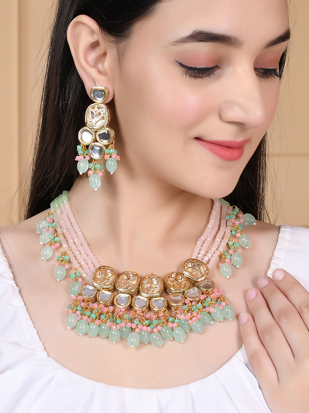Gold Plated Long Layered Kundan Jewellery Set
