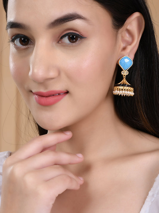 Gold Plated Blue Stone Jhumkas Earring 