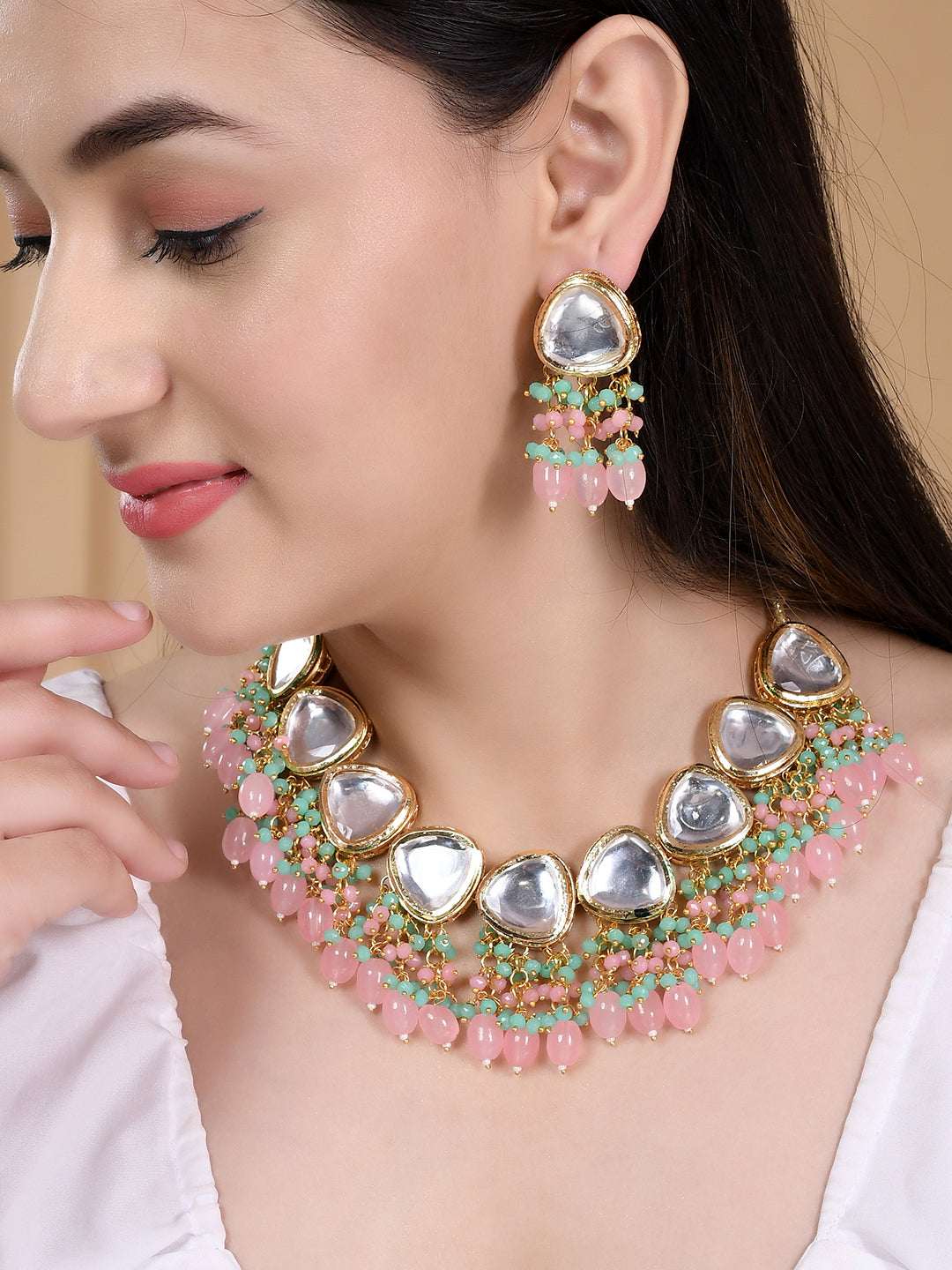 Buy Gold Plated Pink Beads Kundan Jewellery Sets for Women Online
