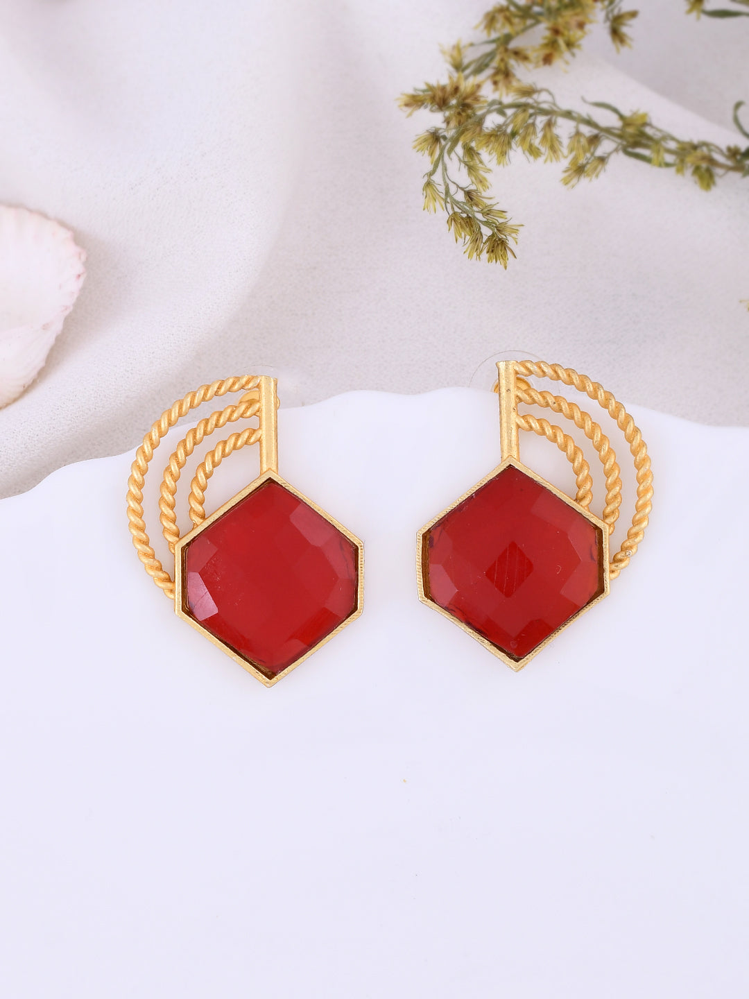 Gold Plated Red Stone Stud Earrings for Women Online