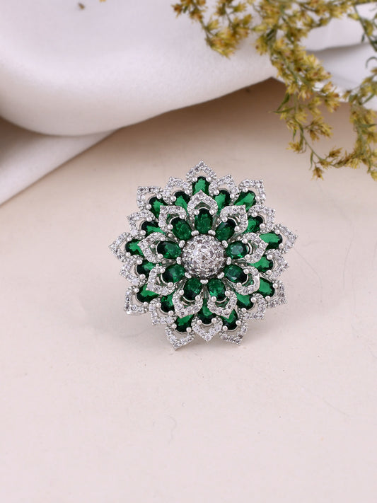 Silver Plated Amercian Diamond Green Stone Finger Rings for Women Online