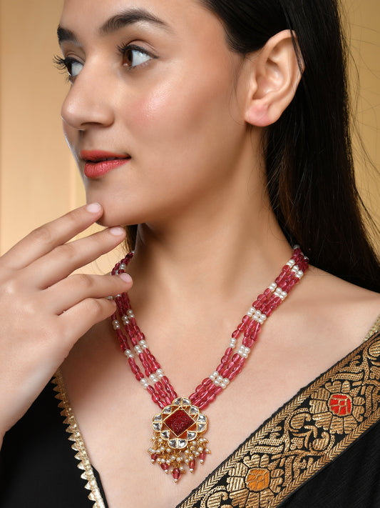 Long Layered Red Bead Kundan With Pearl Necklaces for Women Online