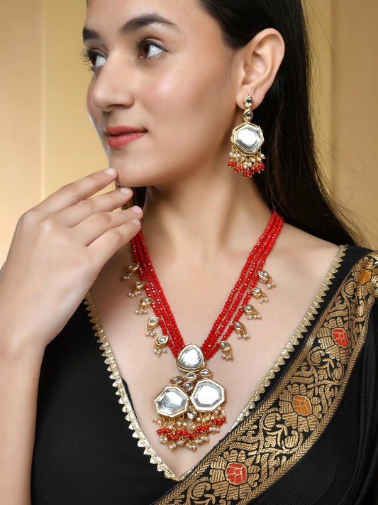 Long Layered Handcrafted Kundan With Pearl Jewellery With Earrings for Women Online