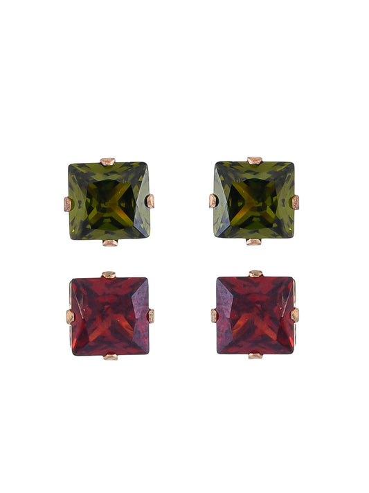 Combo of 2 Pair Red& Green CZ Diamond Handmade Trendy Small Stud Earrings