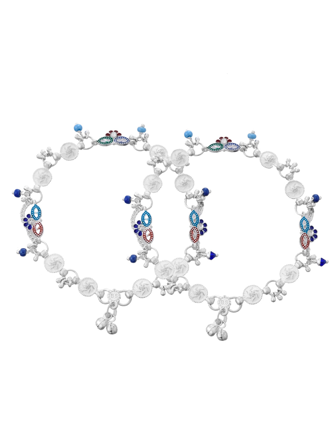 Silver- Plated Coin Anklet With Colorful Bead | Traditional Payal