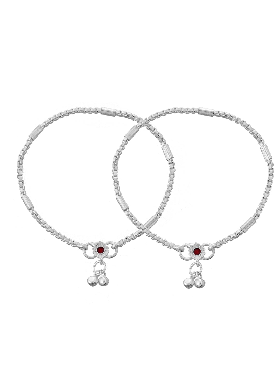 Silver- Plated Anklet With Red Gemstone & Delicate Bell Charms