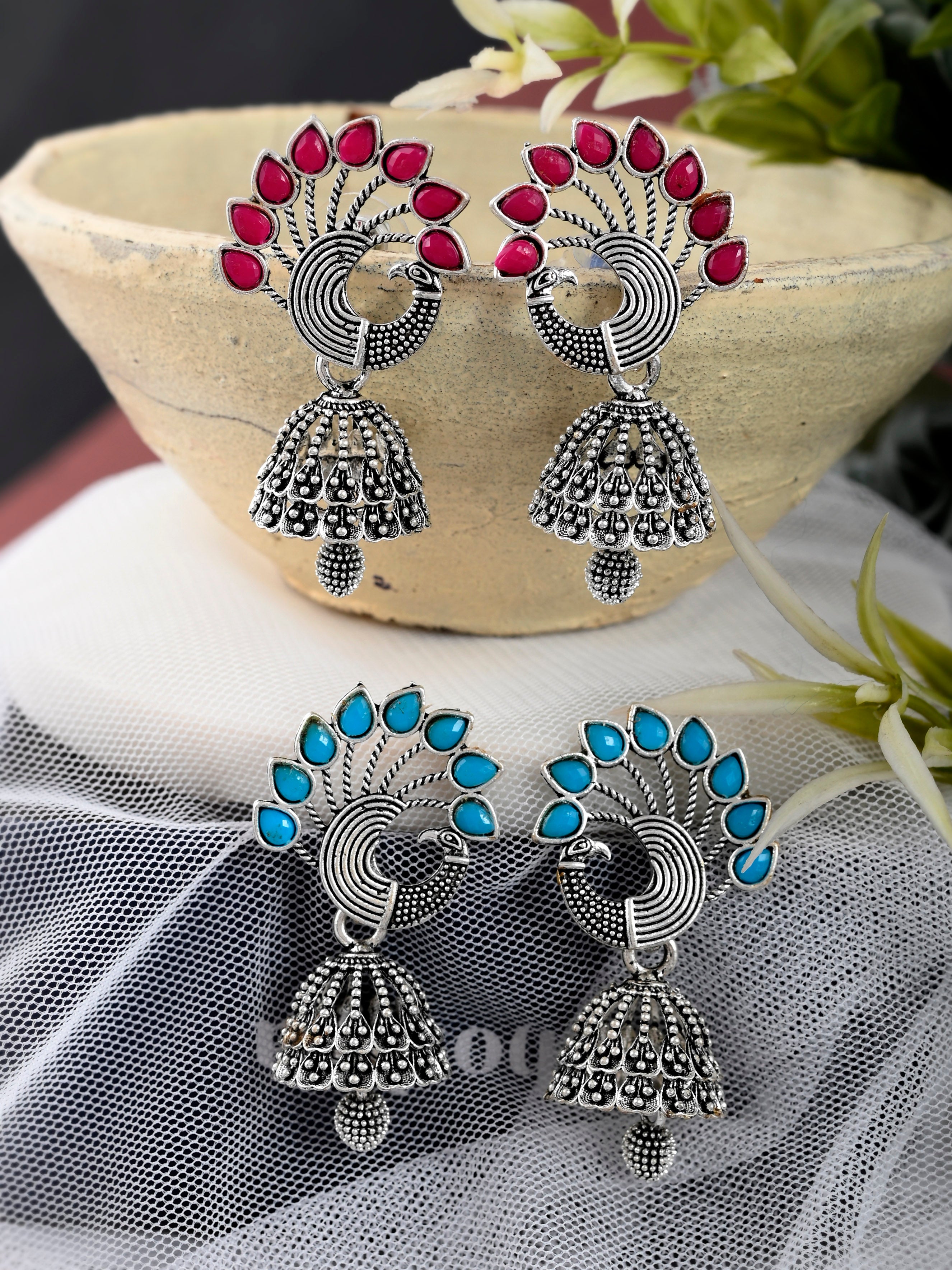 Silver Toned Oxidised Peacock Jhumka Earrings for Women Online