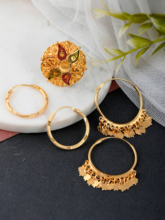 Combo of 3 Gold Plated Meenakari Angoothi and Hoop Earfinger Rings for Women Online