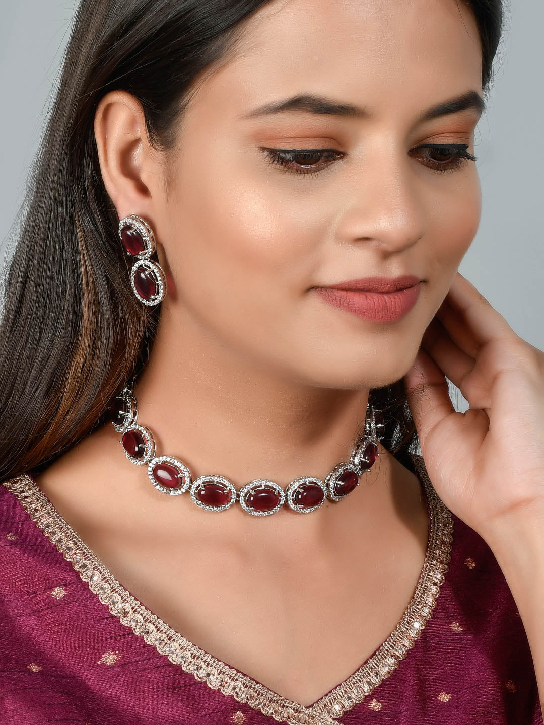 Buy American Diamond Red Jewellery Set for Women Online at