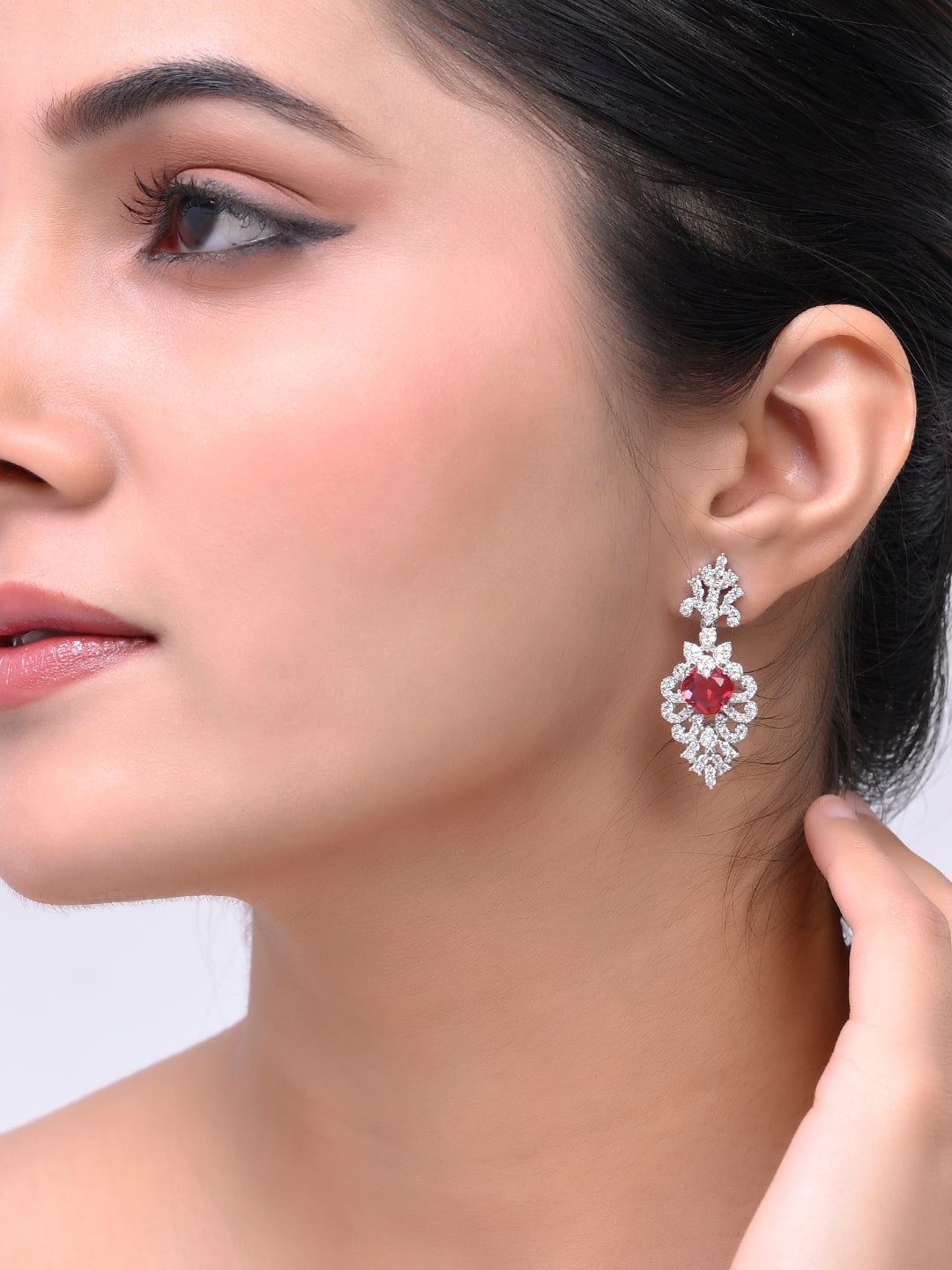Silver-Plated Red American Dimond Studded Drop Earrings (SBE32ML_686)