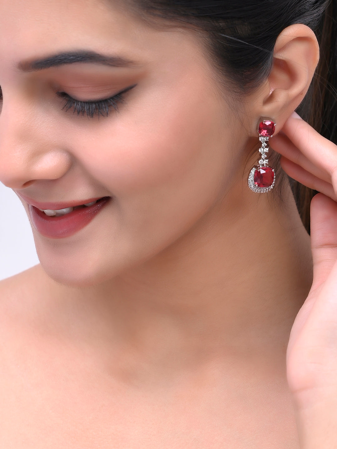 Trending Silver-Plated Red American Diamond Studded Drop Earring For Women