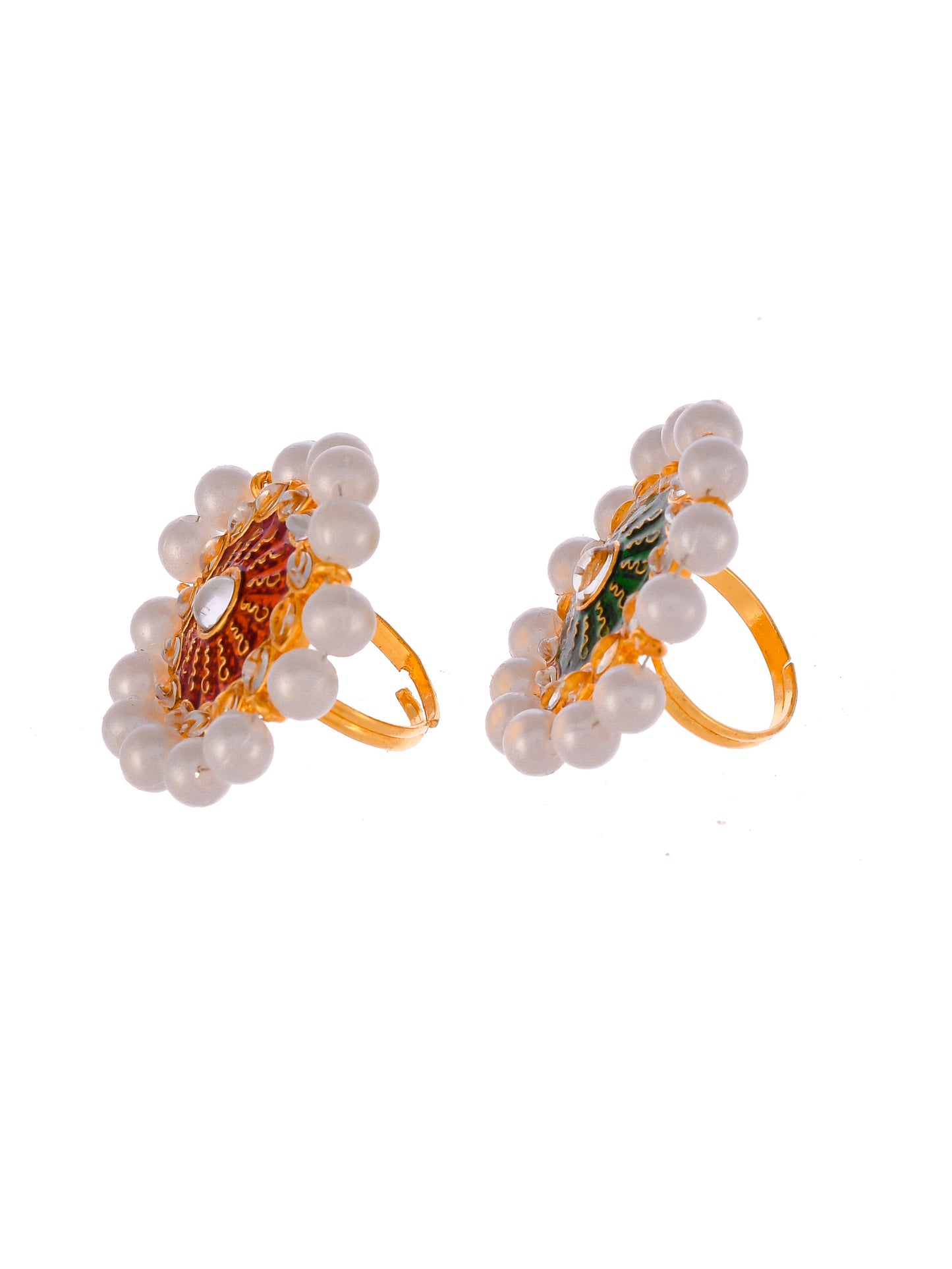 Set of 2 Gold Plated Green & Orange Meenakari Pearl Beaded Finger Ring
