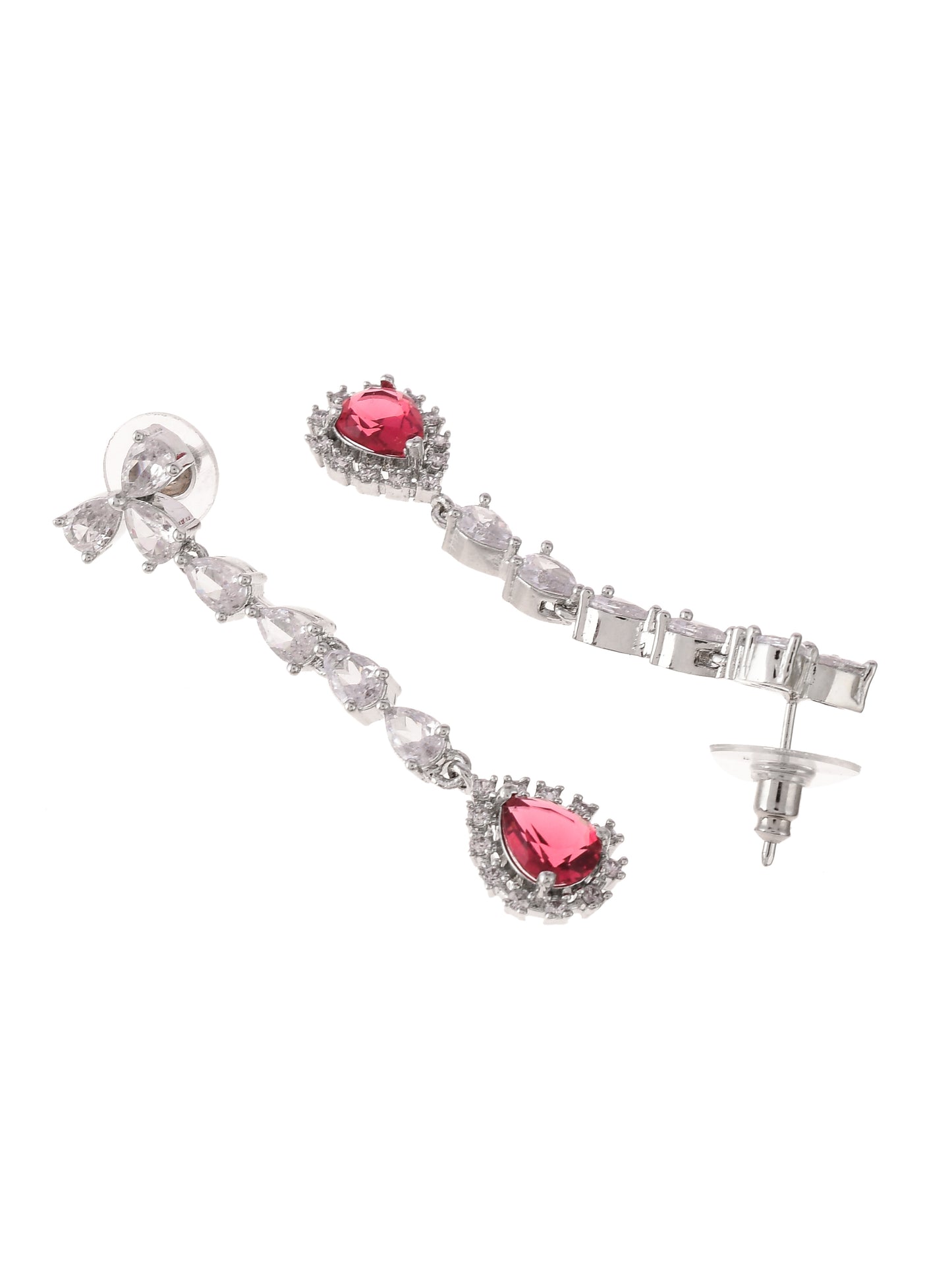 Silver Plated Red Stone American Diamond Long Necklace Jewellery Set