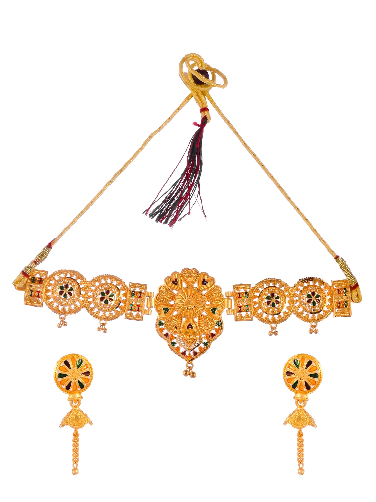 Gold Handcrafted Meenakari Floral Temple Jewellery Set