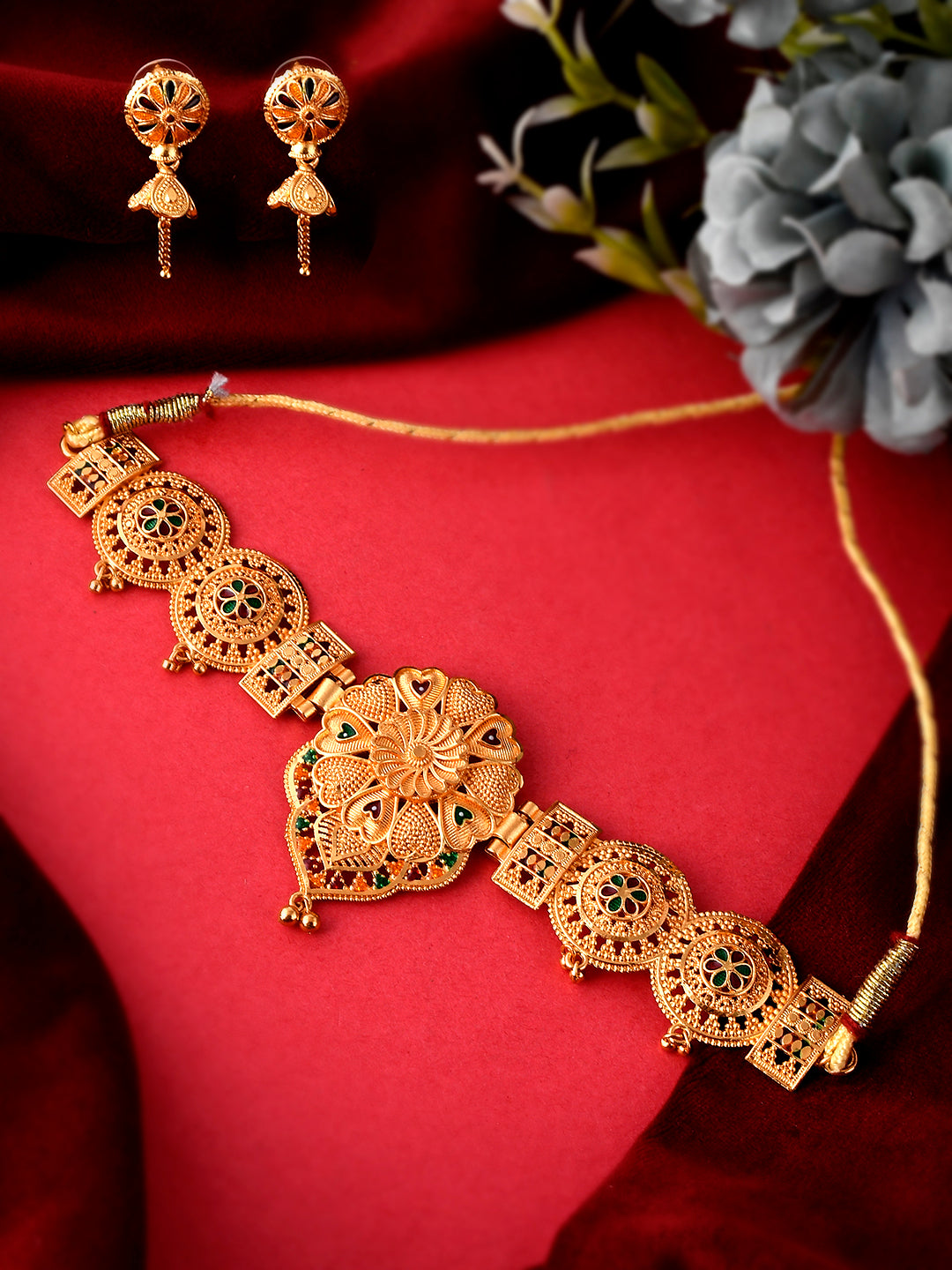 Gold Handcrafted Meenakari Floral Temple Jewellery Set