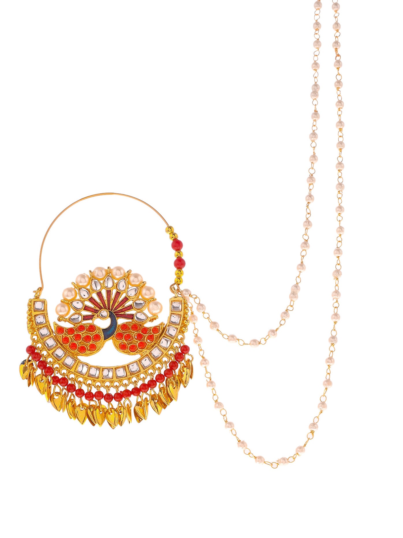 Gold Plated Red Beads Stubbed Peacock Wedding Bridal Nose Ring