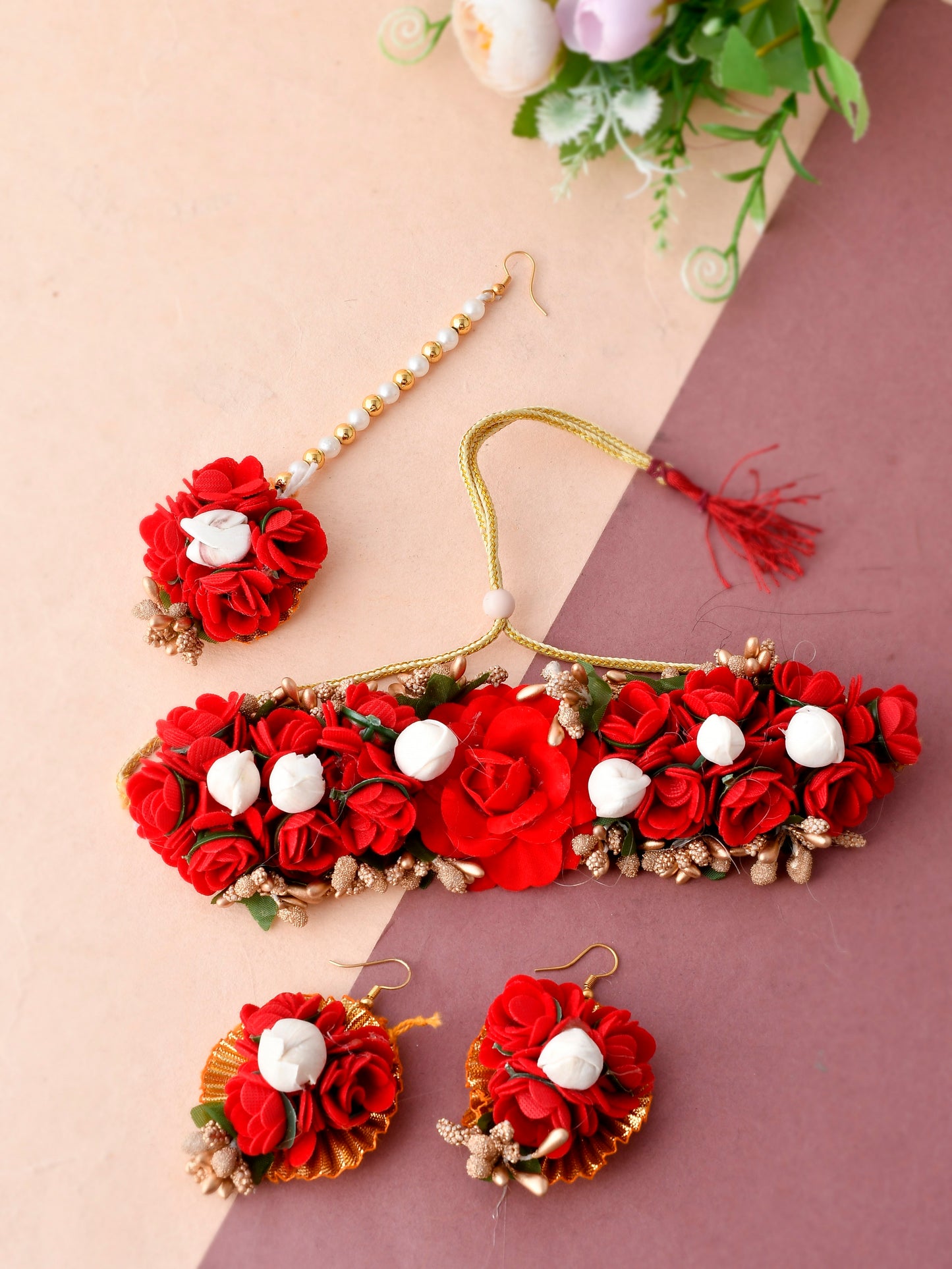 Traditional Bridal Red Floral Embellished Flower Jewellery Set With Maang Tikka