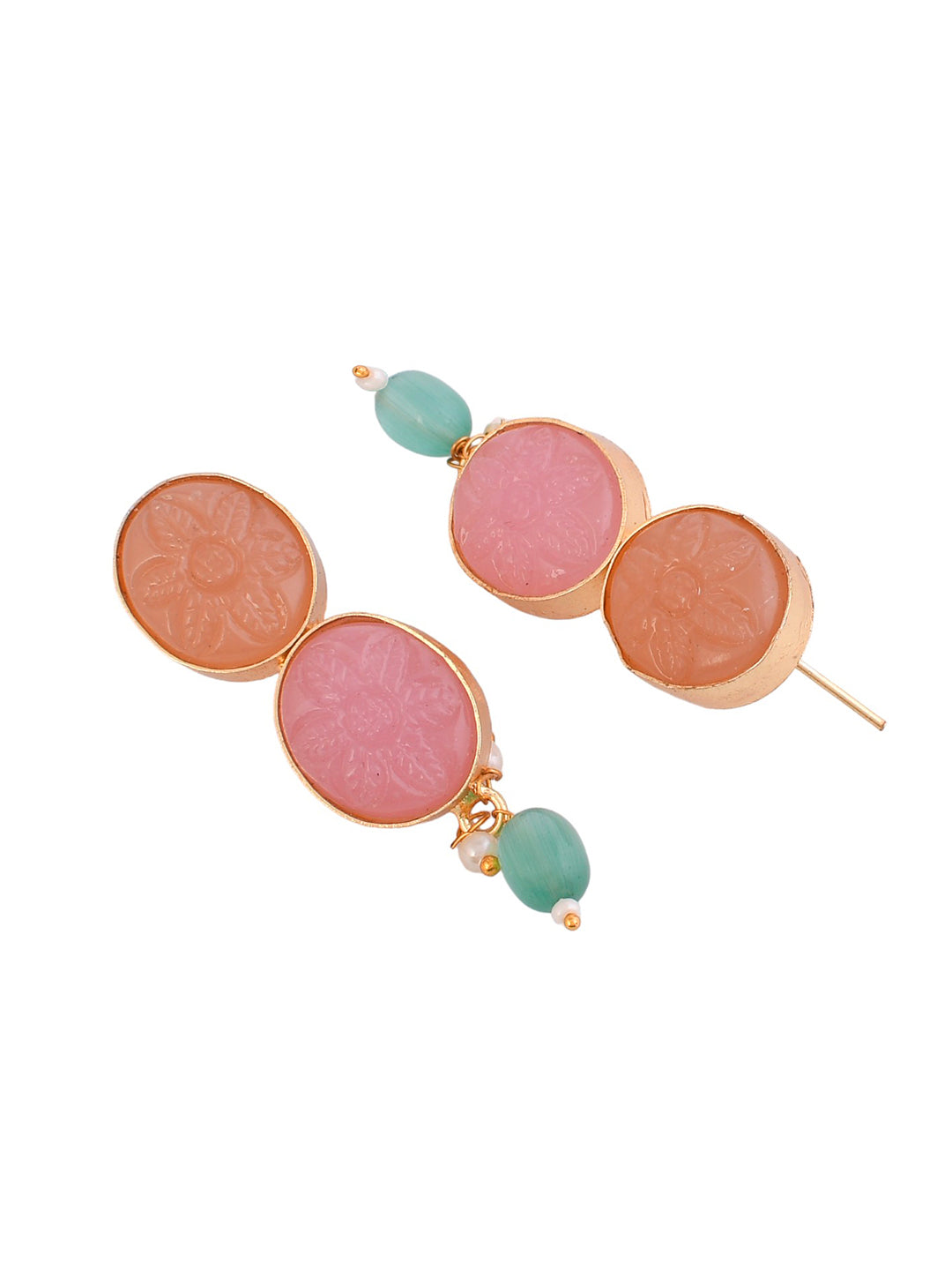 Multi Color Flower Pendant studded Pink, green stone chain necklace with earring