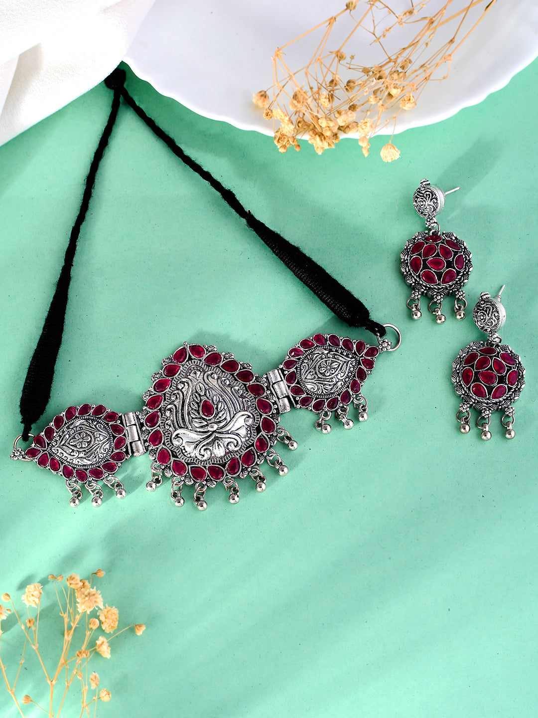 Silver plated & pink cz stone jewelry set with earring