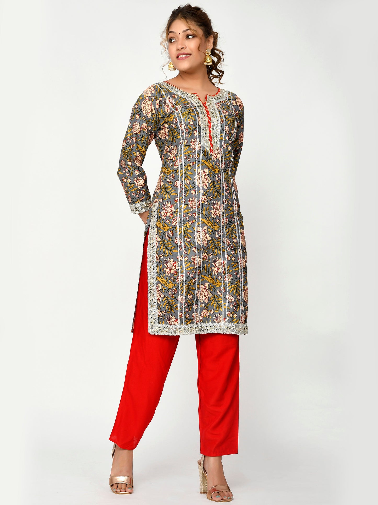 Grey and Yellow Colored Floral Printed Gotta patti Work Kurta set With Trouser and Dupatta