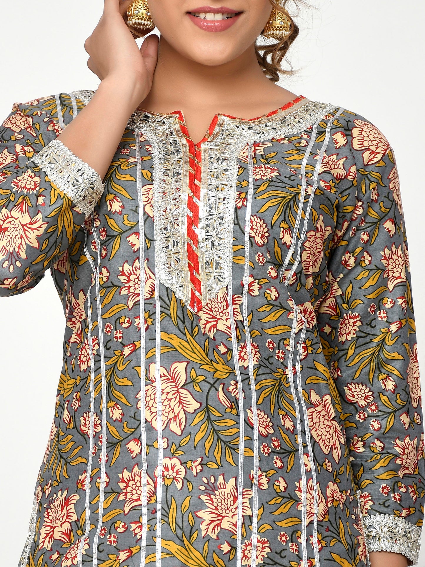Grey and Yellow Colored Floral Printed Gotta patti Work Kurta set With Trouser and Dupatta