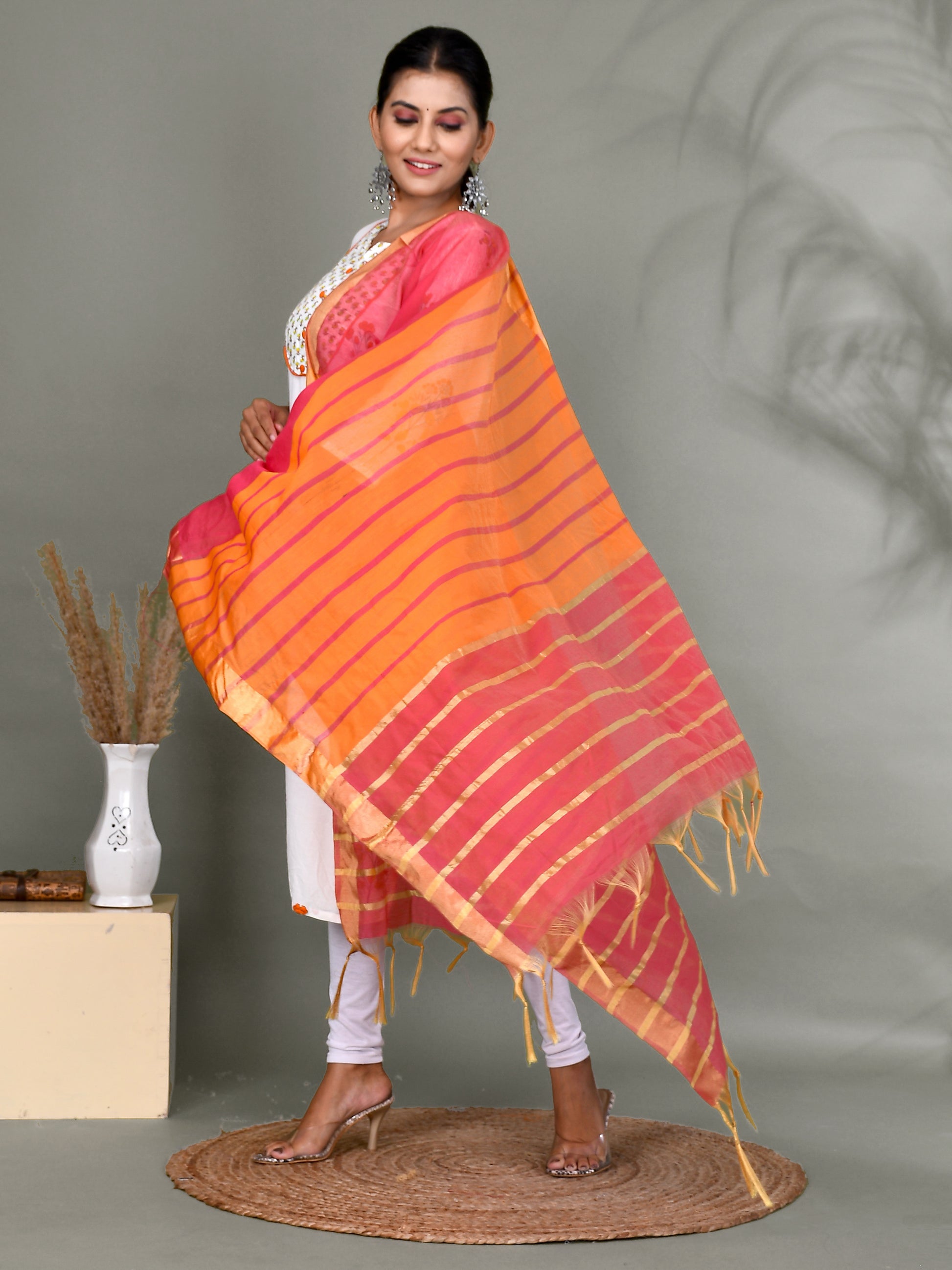Women Organza Striped Dupatta With fabric Tasselled