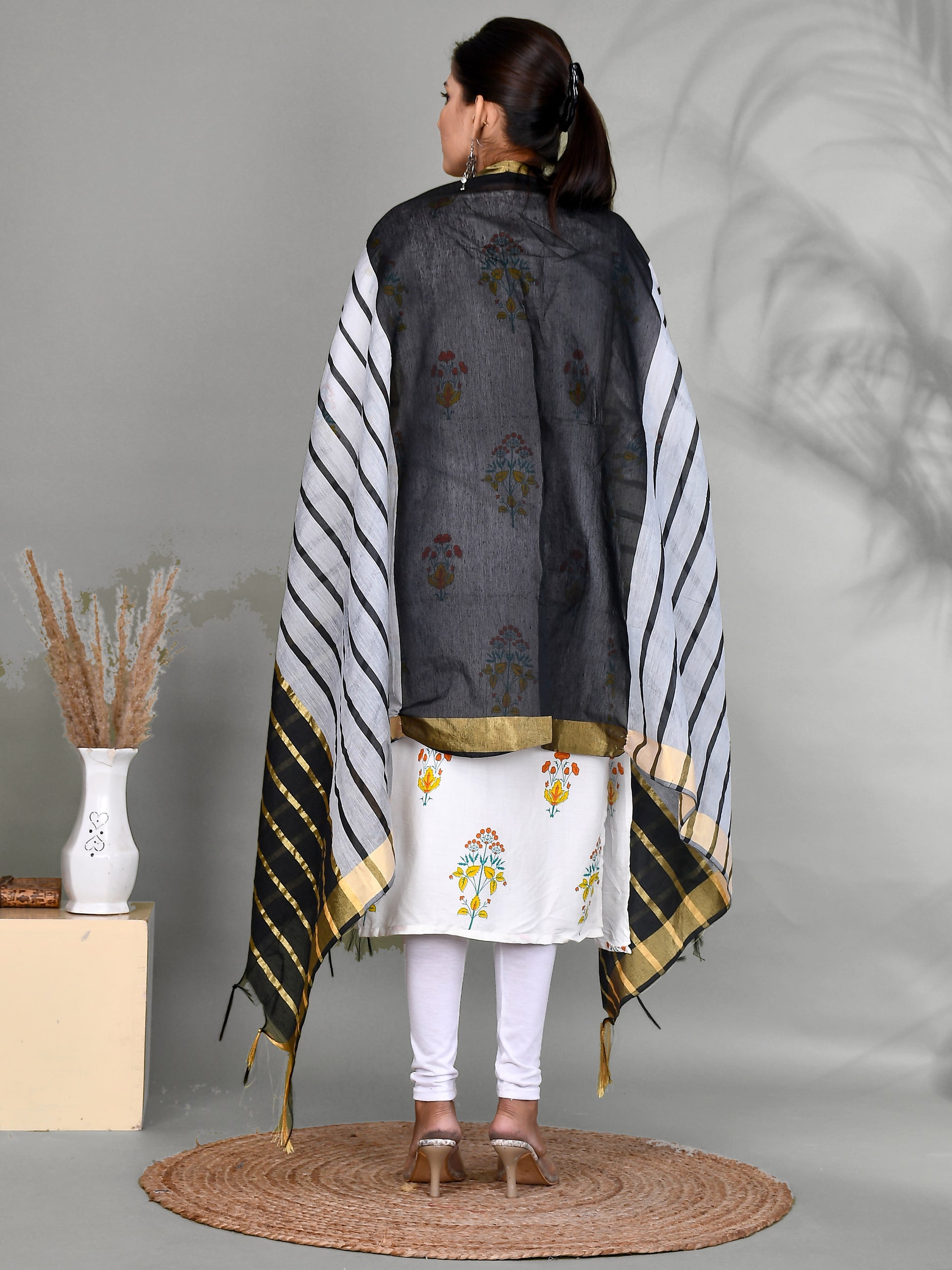 Women Organza Striped Dupatta With fabric Tasselled