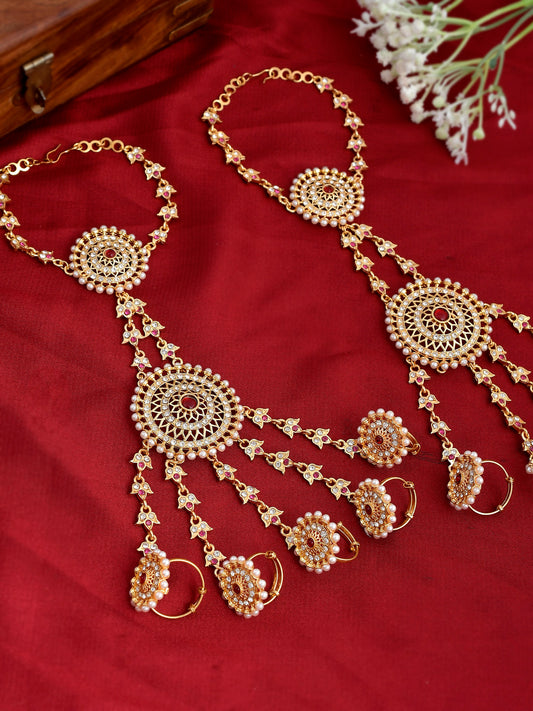 Gold Plated Kundan Cutwork Pearl Hathphool Bracelets for Women Online
