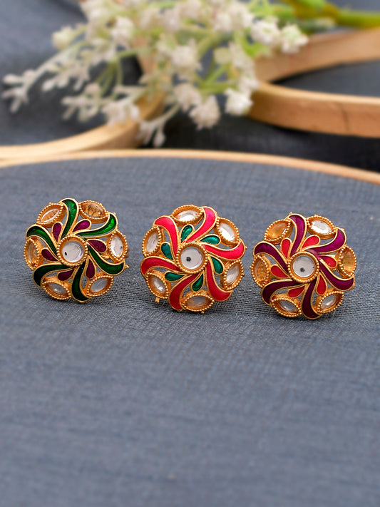Set of 3 Floral Gold Plated Meenakari Finger Rings for Women Online