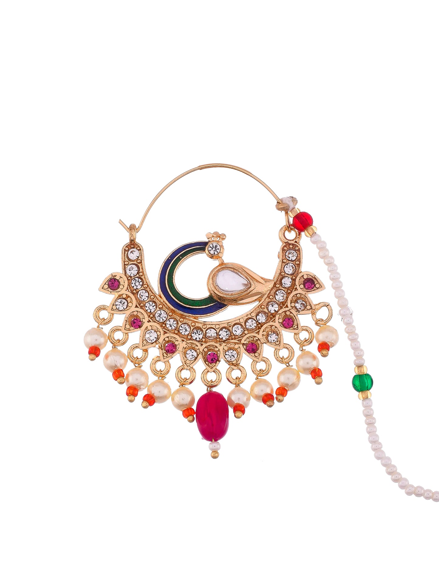 Peacock Meenakari Jodha Bai pearl American Diamond nose Gold Nosering