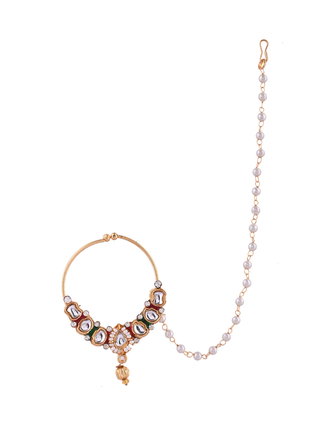 Gold-Plated Kundan and Pearl Chain Nosepin For Women