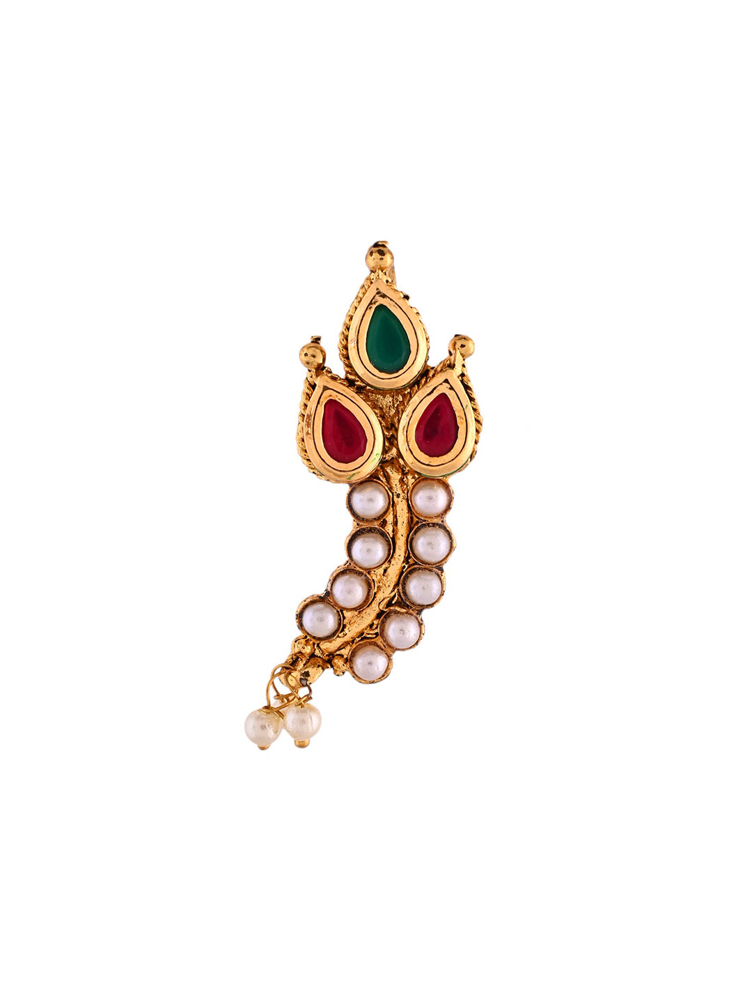 Traditional Gold-Plated Pearl & Multicolor Stone Nose Pin For Women | Ethnic Bridal Nath
