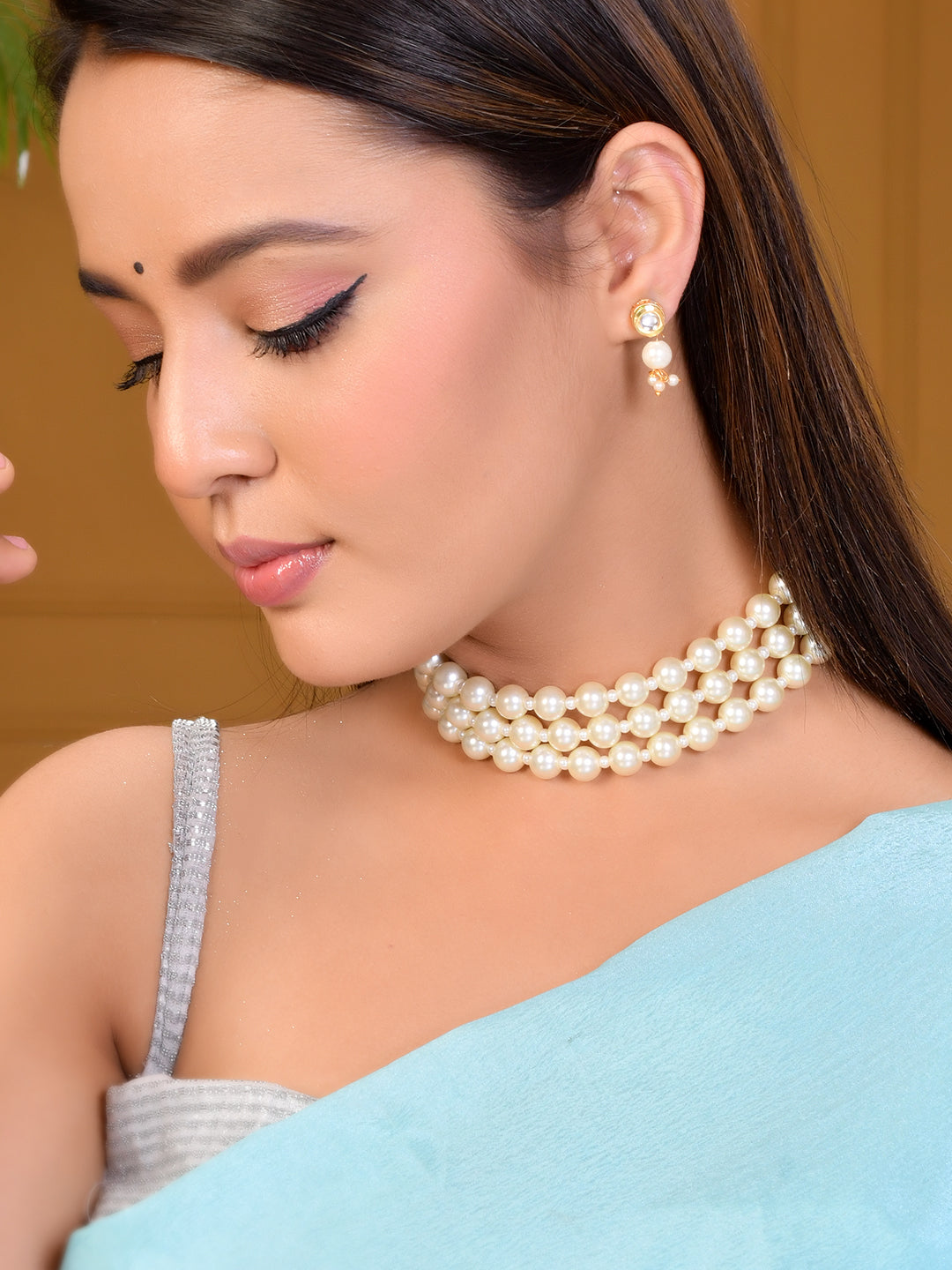 Gold Tone Pearls Jewellery Set With Earrings For Women