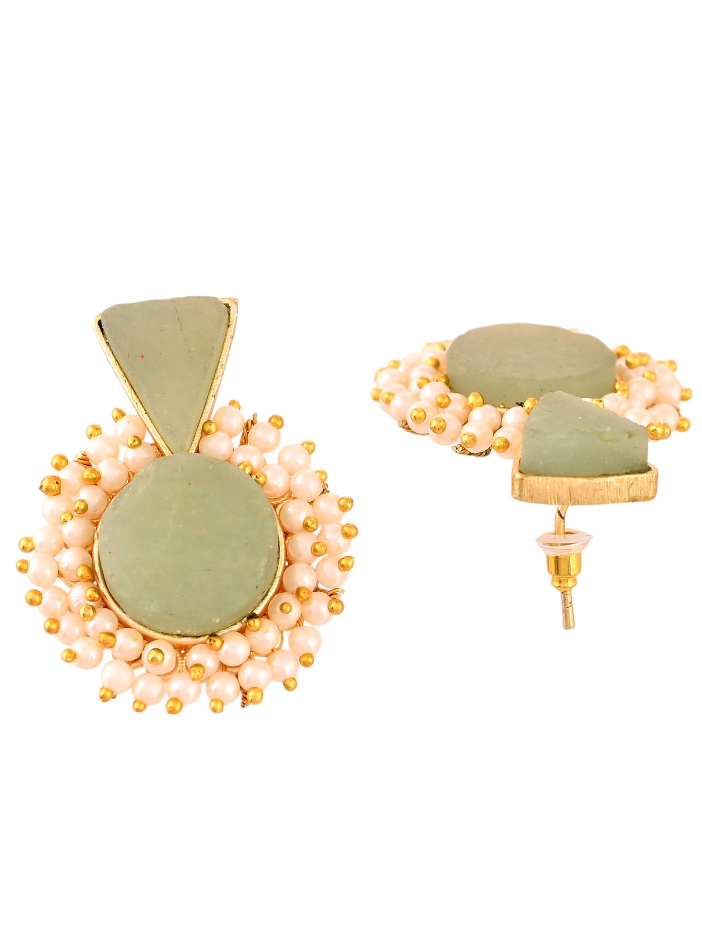 Gold Plated Green Pearl Cluster Earrings For Women